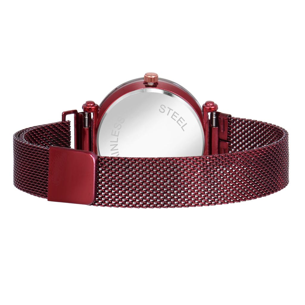 Bhakti Fashion Red Mesh Magnetic Love Dial Analog Watch For Women & Girls