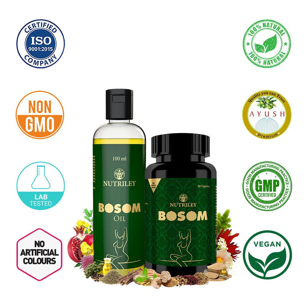 Nutriley Bosom - Breast Enlargement Capsules + Oil (60 Capsules + 100 ML Oil)