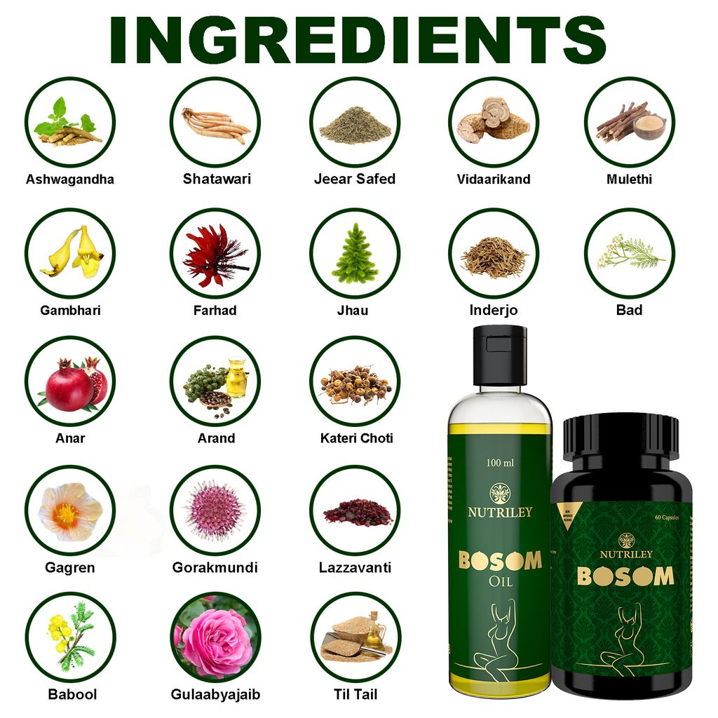 Nutriley Bosom - Breast Enlargement Capsules + Oil (60 Capsules + 100 ML Oil)