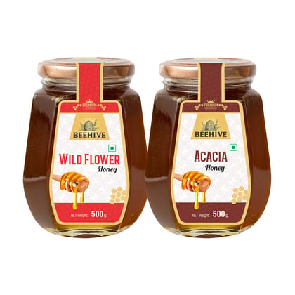 Beehive Wild Flower Honey and Acacia Honey 100% Pure Natural Honey Immunity Booster | Energy Boost & a Healthy Weight Loss Weight (500 g each) Glass Jar (PACK OF 2)