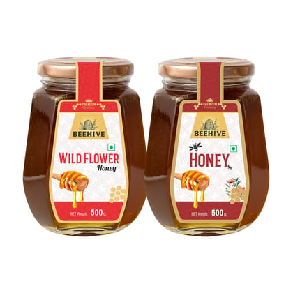 Beehive Wild Flower Honey and Honey 100% Pure Natural Honey Immunity Booster | Energy Boost & a Healthy Weight Loss Weight (500 g each) Glass Jar (PACK OF 2)