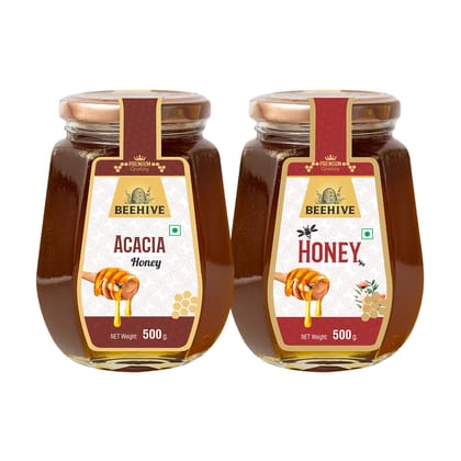 Beehive Acacia Honey and Honey 100% Pure Natural Honey Immunity Booster | Energy Boost & a Healthy Weight Loss Weight (500 g each) Glass Jar (PACK OF 2)|FREE FREE WOODEN DIPPER FREE|
