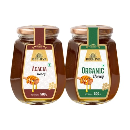 Beehive Acacia Honey and Organic Honey 100% Pure Natural Honey Immunity Booster | Energy Boost & a Healthy Weight Loss Weight (500 g each) Glass Jar (PACK OF 2)