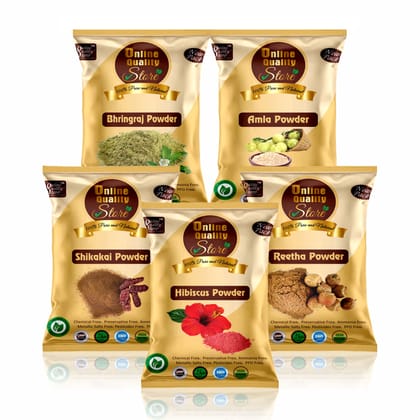 Online Quality Store Amla Reetha Shikakai, Bhringraj and Hibiscus Powder for Hair (Pack of 5, 50g each, Total 250g Pack)