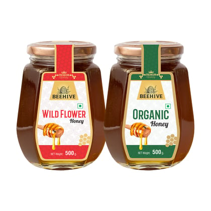 Beehive Wild Flower Honey and Organic Honey 100% Pure Natural Honey Immunity Booster | Energy Boost & a Healthy Weight Loss Weight (500 g each) Glass Jar (PACK OF 2)