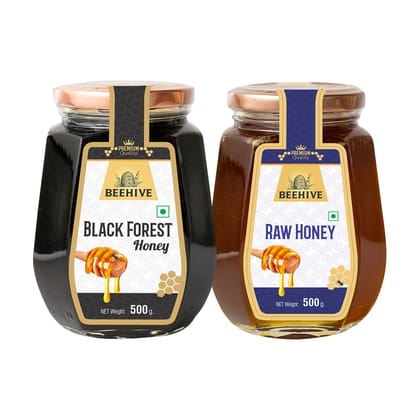 Beehive Black Forest Honey and Raw Honey 100% Pure Natural Honey Immunity Booster | Energy Boost & a Healthy Weight Loss Weight (500 g each) Glass Jar (PACK OF 2)