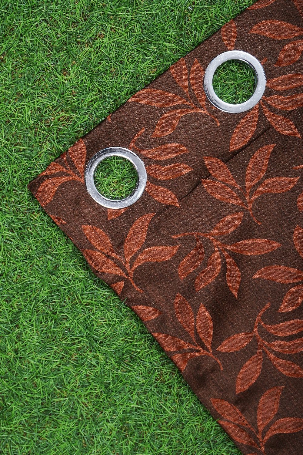 Parda online 213 cm (7 ft) Jacquard Fabric Leaf Design Eyelet Window Curtain | Brown Colour (Pack of 2) | Fine Blended Jacquard Fabric | for Living Rooms & Bedrooms | 213 L x 121 W centimetres