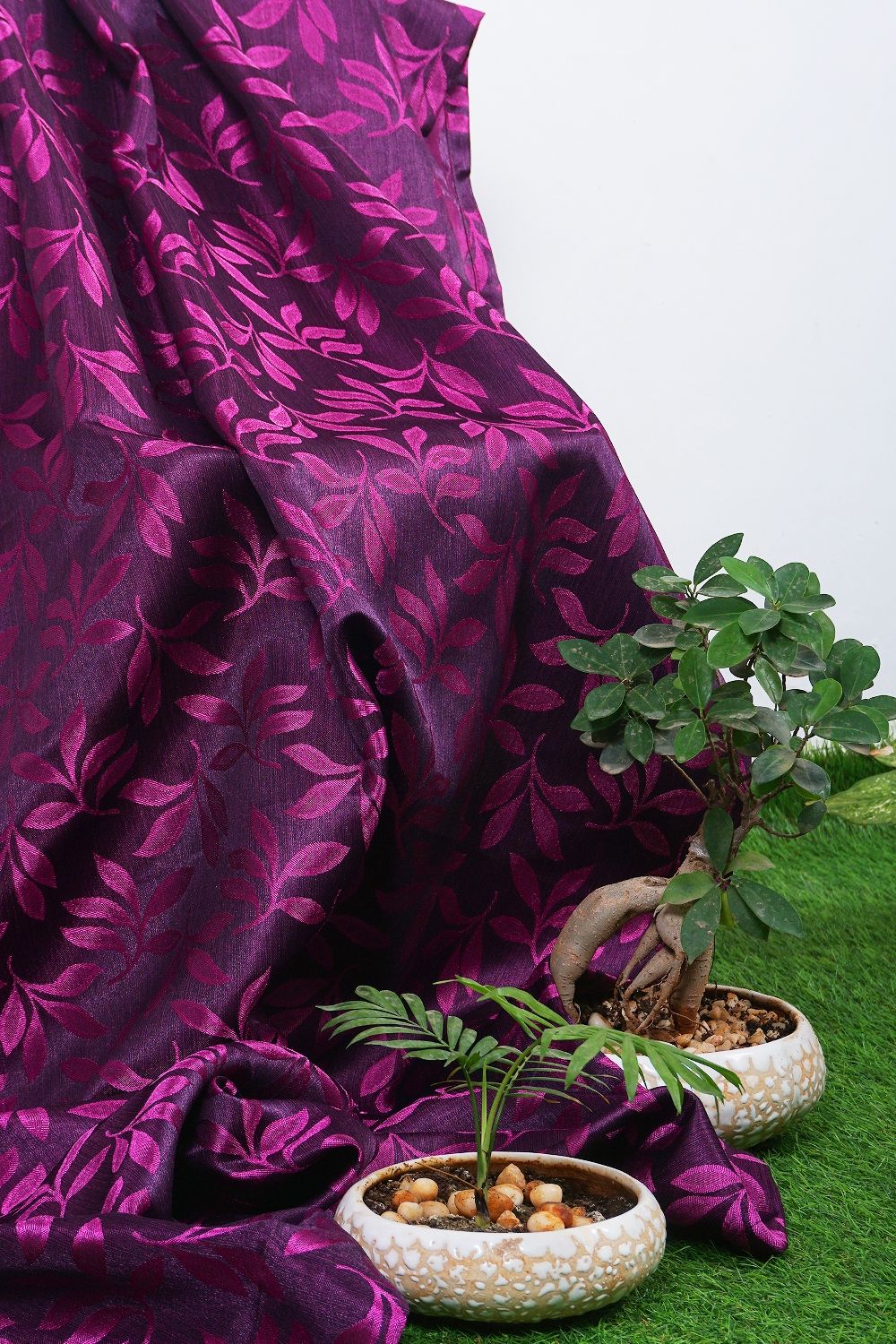 Parda online 152 cm (5 ft) Jacquard Fabric Leaf Design Eyelet Window Curtain | Purple Colour (Pack of 2) | Fine Blended Jacquard Fabric | for Living Rooms & Bedrooms | 152 L x 121 W centimetres