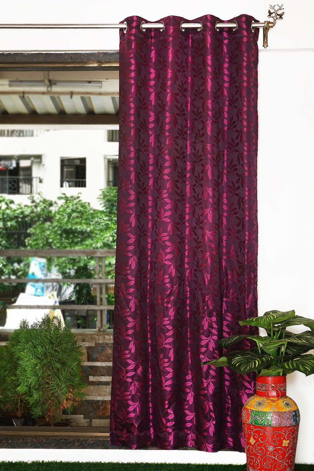 Parda online 213 cm (7 ft) Jacquard Fabric Leaf Design Eyelet Window Curtain | Purple Colour (Pack of 4) | Fine Blended Jacquard Fabric | for Living Rooms & Bedrooms | 213 L x 121 W centimetres