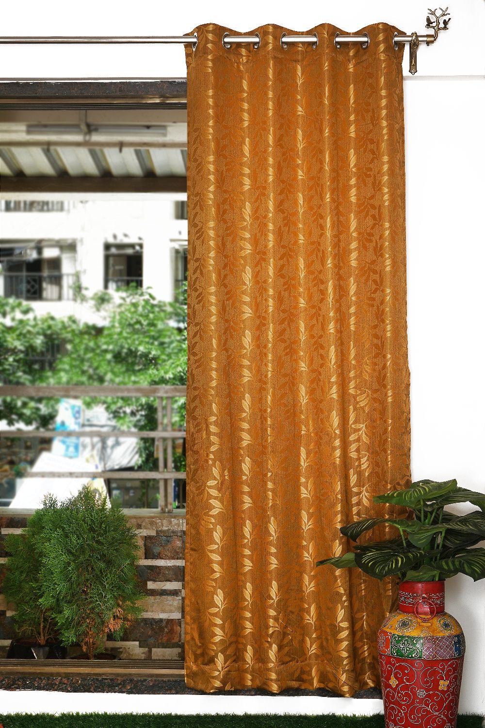 Parda online 152 cm (5 ft) Jacquard Fabric Leaf Design Eyelet Window Curtain | Beige Colour (Pack of 4) | Fine Blended Jacquard Fabric | for Living Rooms & Bedrooms | 152 L x 121 W centimetres