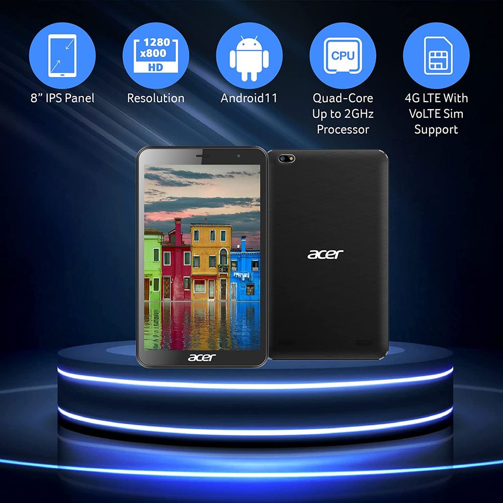 Acer one T4-82L (20.32 cm) 8 Inch Bluetooth Tablet with 3GB RAM and 32 GB EMMC, 350 Nits Brightness IPS Panel, Dual-Camera, 4G LTE,Android 11, Black