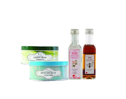 Gift Pack of Natural Skin care products (100 gm Green Gram Powder + 100 gm Multani Mitti Powder + 100 ml Rose Water + 100 ml Honey)