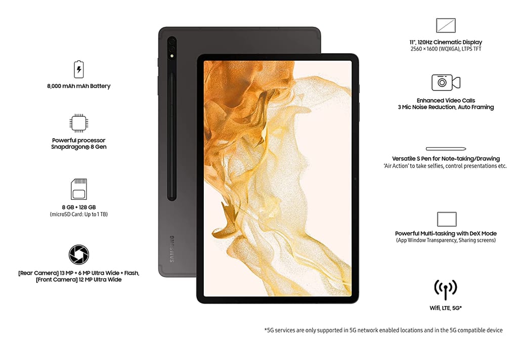 Samsung Galaxy Tab S8 27.94 cm (11 inch) Display, RAM 8 GB, ROM 128 GB Expandable, S Pen in-Box, Wi-Fi+5G Tablet, Graphite SM-X706BZAA