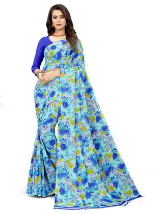 Blue Floral Printed Georgette Saree
