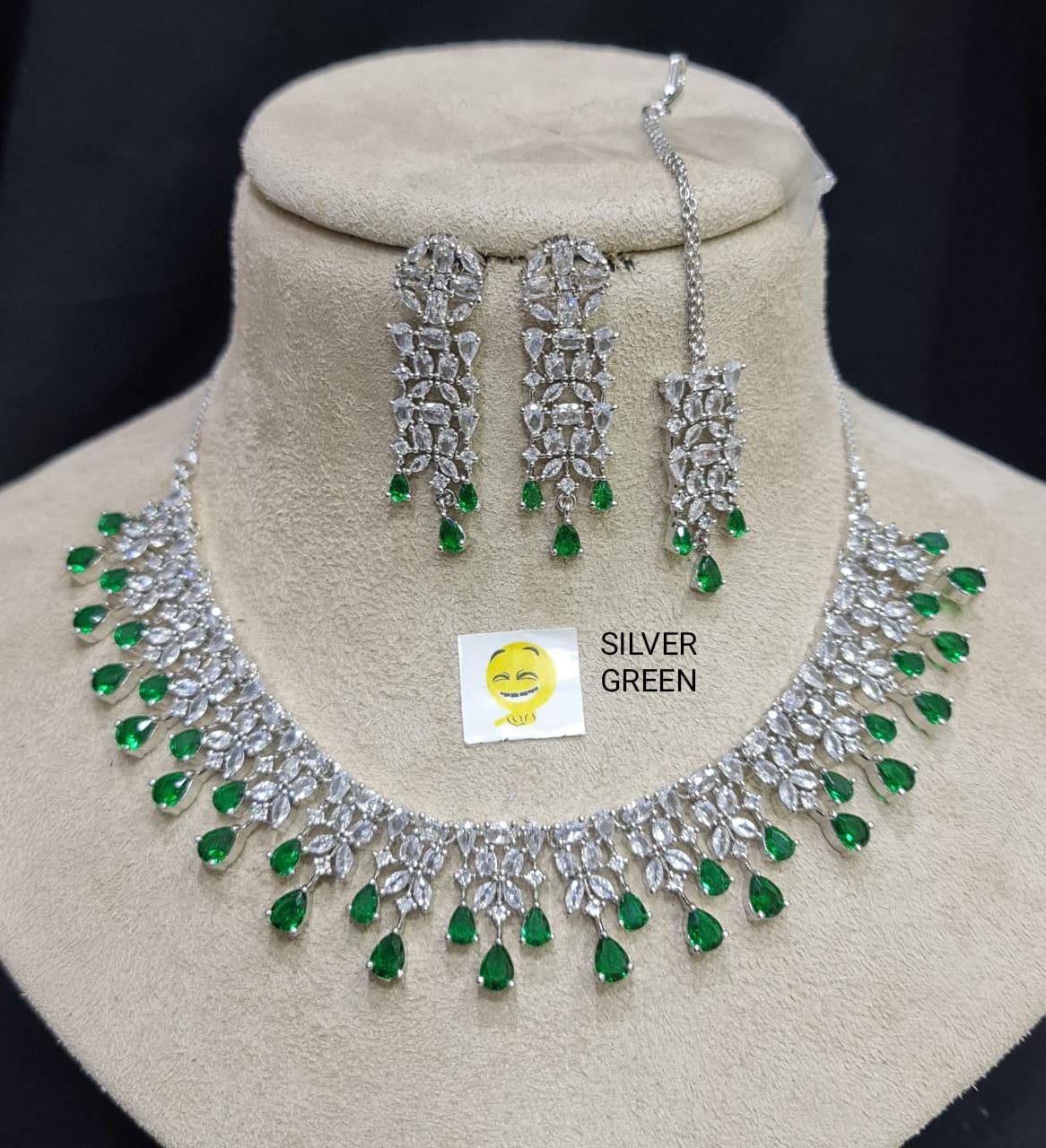 Pista green color american diamond premium necklace set - Jaipur Mart -  4154622