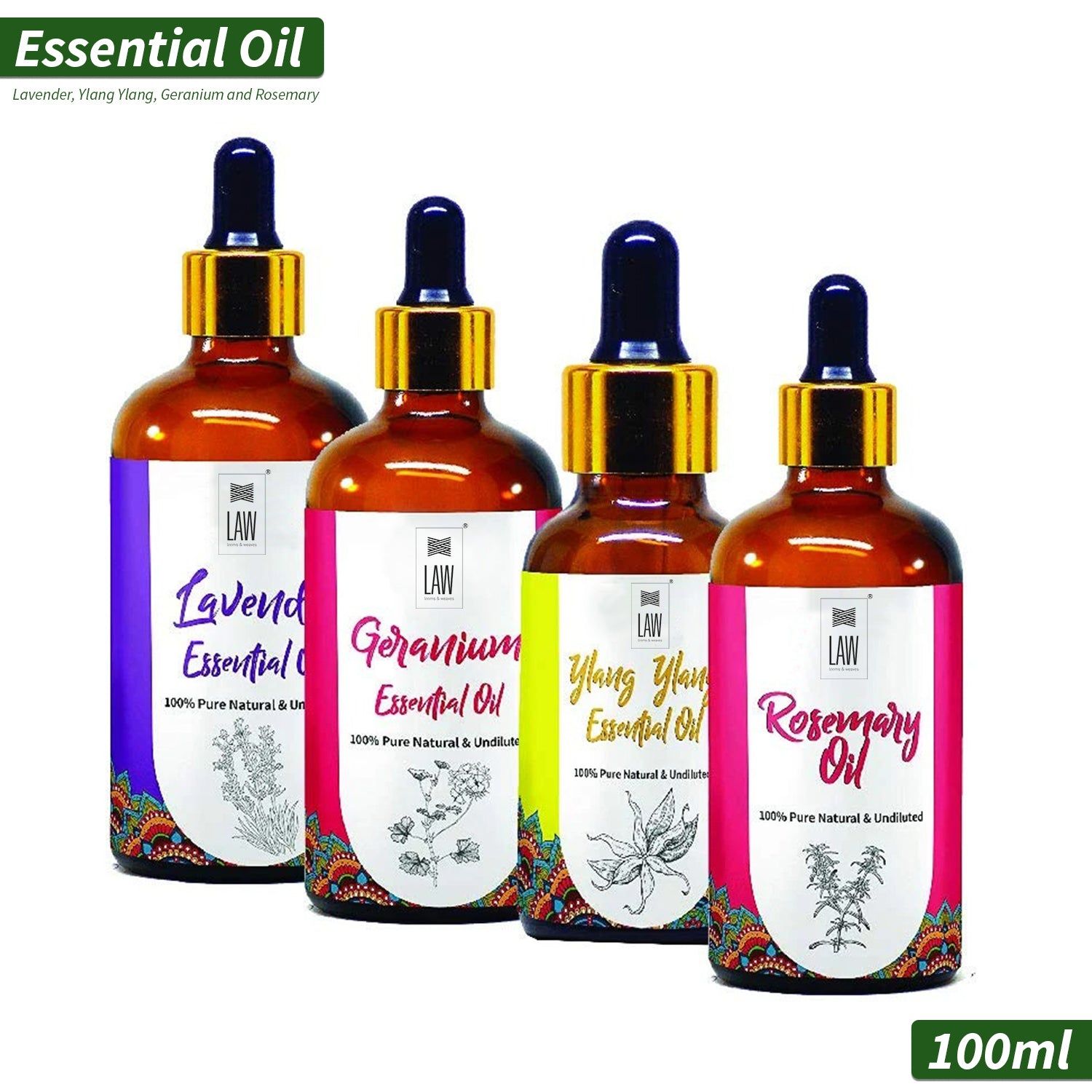 Gift Pack of Natural Essential oils – Pack of 4 Essential Oils (100 ml each) – Lavender, Ylang Ylang, Geranium and Rosemary