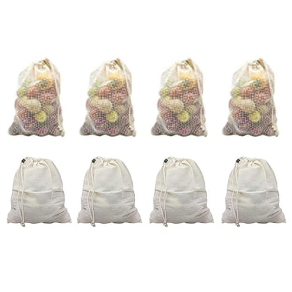 Earth Connect 4 natural cream Vegetable Fridge bag & 4 Cotton Reusable, For shopping NET bag (Pack of 8)