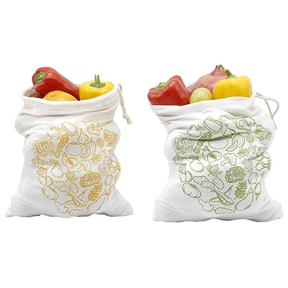 Earth Connect 100% Cotton Vegetable Storage Fridge Bags Eco-Friendly, Non-Toxic, For shopping, , Washable, Reusable (1 YELLOW PRINT,1 GREEN PRINT)