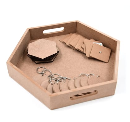 DIY MDF Hexagon Tray Pack with 6 Coasters , 10 Square magnets, 10 Circle Keychain