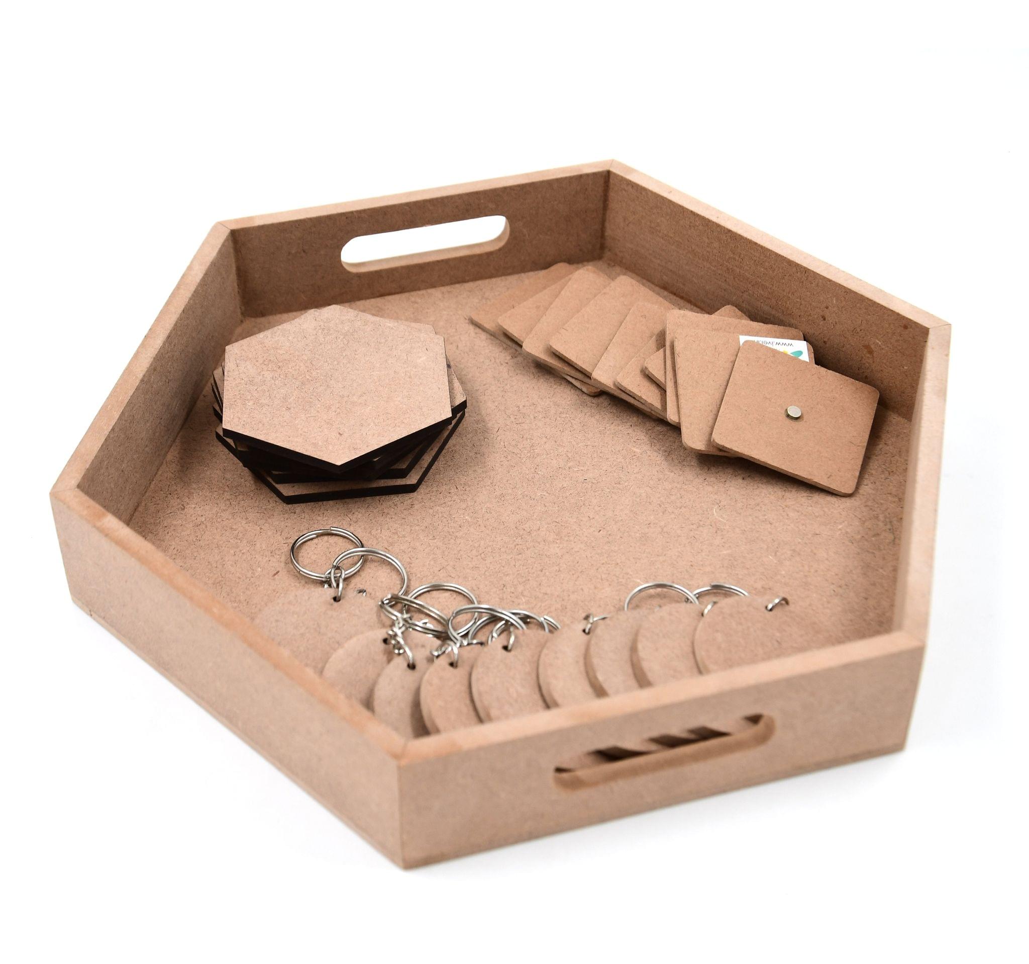 DIY MDF Hexagon Tray Pack with 6 Coasters , 10 Square magnets, 10 Circle Keychain