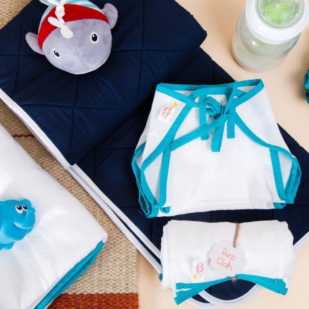 JUMBO GIFT SET FOR NEWBORNS - Set of 6 nappies, 6 napkins, 2 towels, 2 burp cloth, 1 liner - Pure Soft Dhoti Cotton - Blue