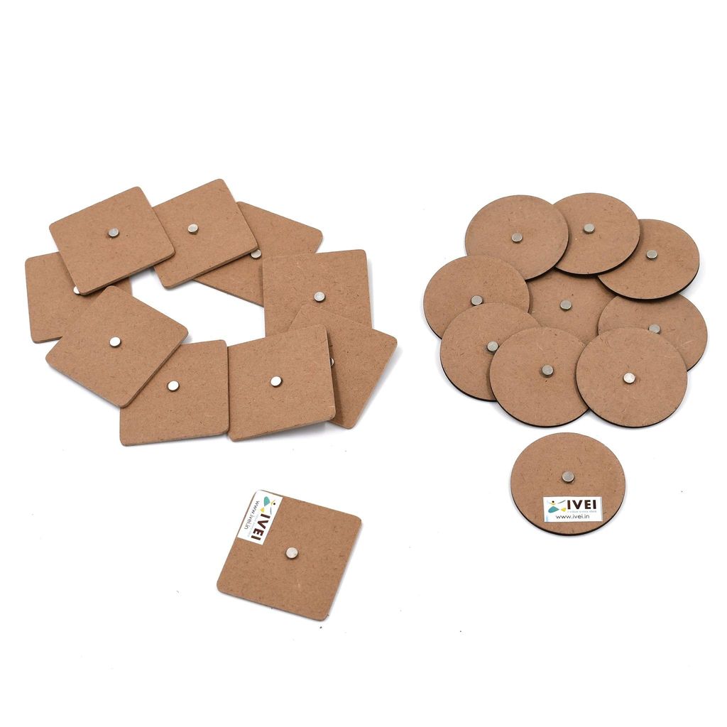 IVEI DIY MDF Wood Sheet Square and Round Craft Magnet - Set of 20 - 2 in X 2in X 3 mm