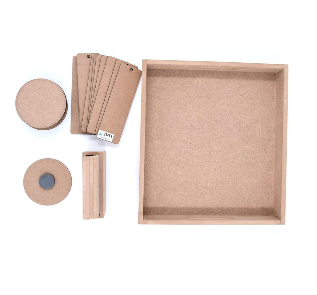 DIY MDF Rectangular Tray Pack with 4 Coaster with stand, 10 Round Magnets and 10 Bookmarks