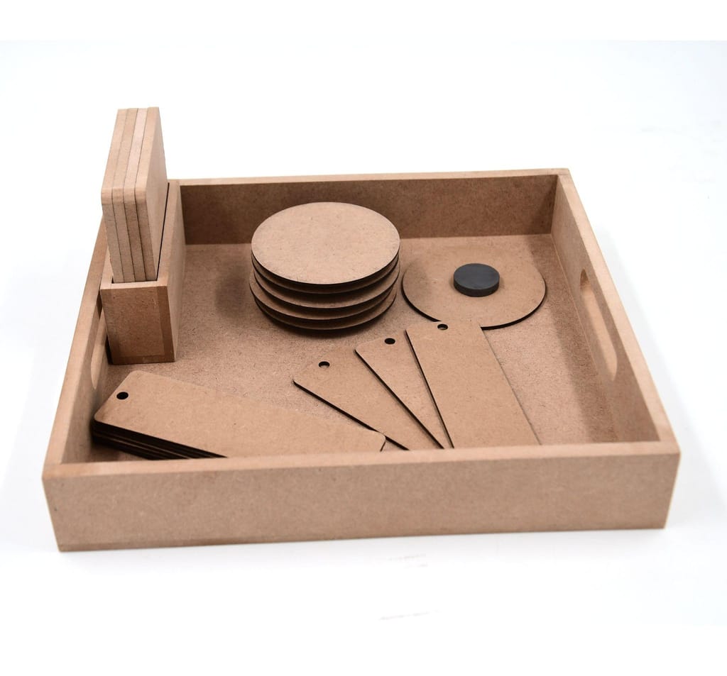 DIY MDF Rectangular Tray Pack with 4 Coaster with stand, 10 Round Magnets and 10 Bookmarks