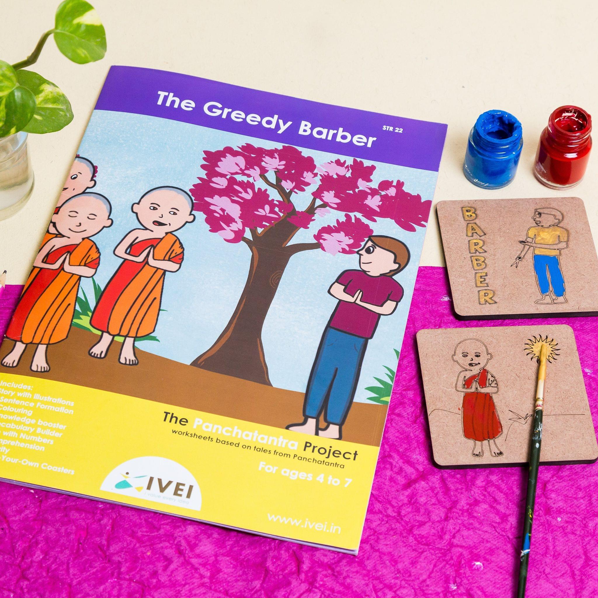 The Greedy Barber - Workbook and 2 DIY coasters - 4 to 7 yrs