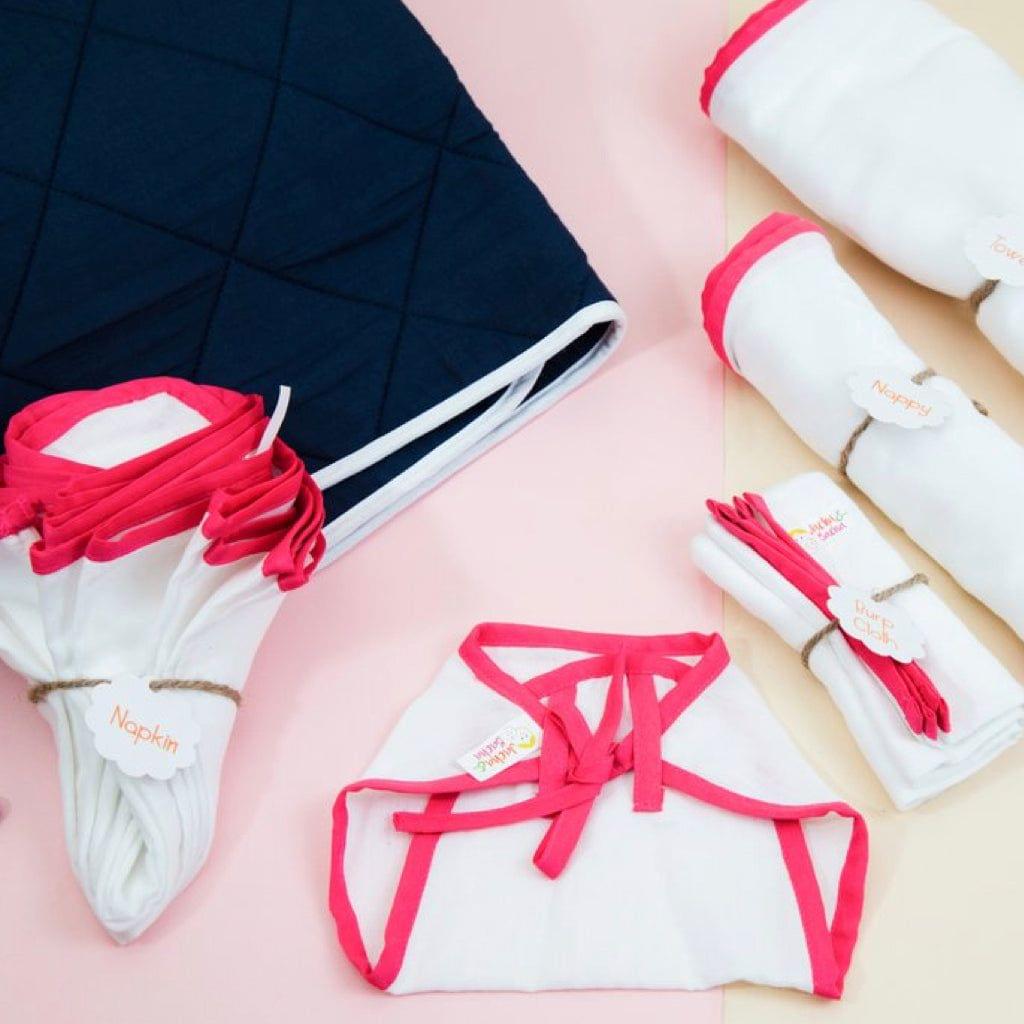 JUMBO GIFT SET FOR NEWBORNS - Set of 6 nappies, 6 napkins, 2 towels, 2 burp cloth, 1 liner - Pure Soft Dhoti Cotton - Pink