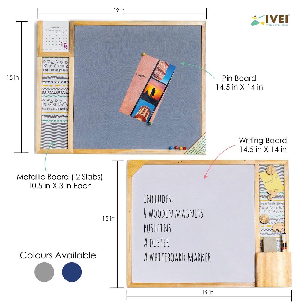 IVEI Metal board, Pinboard, Whiteboard with Calendar - Set of 2- Grey
