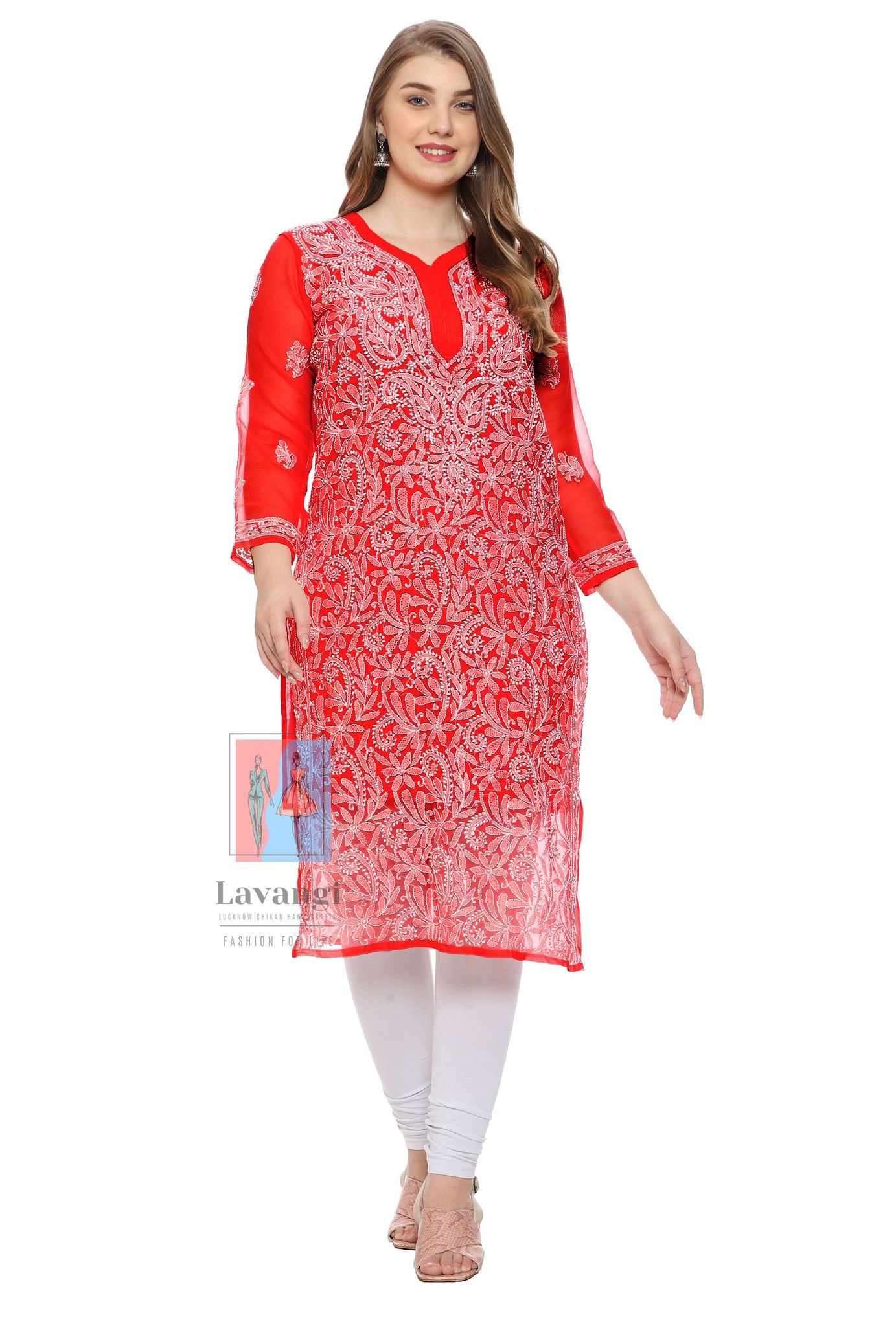 Lavangi Women Lucknow Chikankari Red Georgette Kurti With Matching Inner