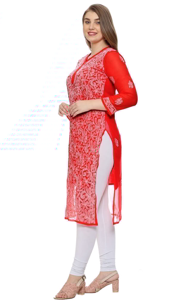 Lavangi Women Lucknow Chikankari Red Georgette Kurti With Matching Inner