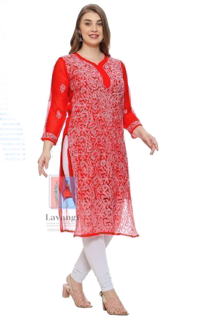 Lavangi Women Lucknow Chikankari Red Georgette Kurti With Matching Inner