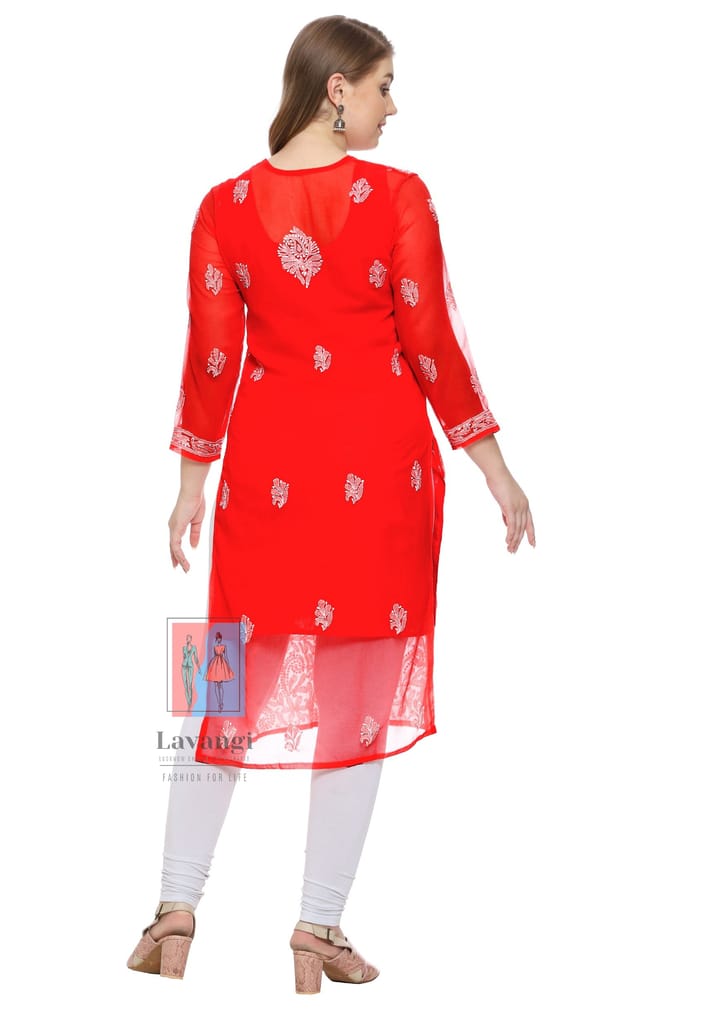 Lavangi Women Lucknow Chikankari Red Georgette Kurti With Matching Inner