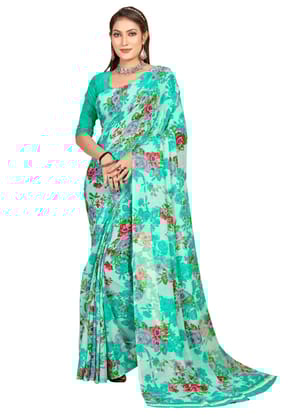 Green Georgette Printed Women Casual Wear Saree