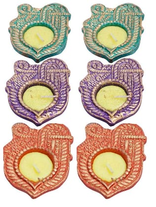 Dbeautify Diya with Wax Candles, Unscented (Traditional), Pair of 2 (Total 6 diyas)