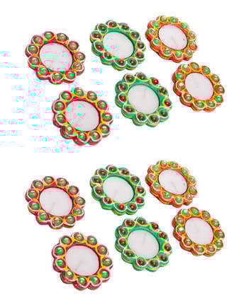 Dbeautify Unscented Traditional Handmade Diya with Candles, Set of 12 Diya