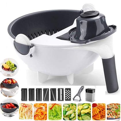 New Upgrade 9 in 1 Multifunction Vegetable Cutter with Drain Basket Magic Rotate Vegetable Cutter Portable Slicer Chopper Grater Kitchen Tool