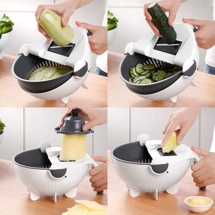 New Upgrade 9 in 1 Multifunction Vegetable Cutter with Drain Basket Magic Rotate Vegetable Cutter Portable Slicer Chopper Grater Kitchen Tool