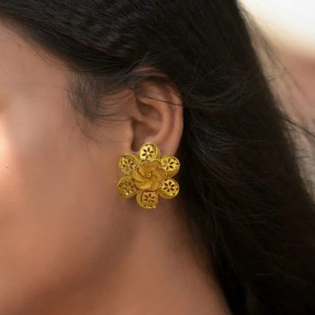 1 Gram Micro Gold Plated Traditional Handmade NON-MINA Flower Work Medium  Size Pasha Copper Stud Earring for Women & Girls