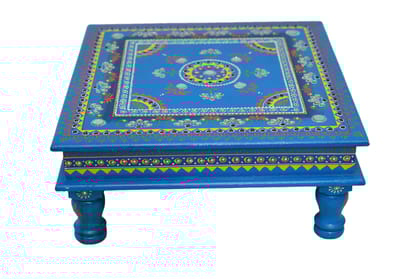 ISHARAA Home Decor Jodhpuri Bajoth/Pooja Chowki Decorated with Glass and Stones (Medium, Sky Blue)