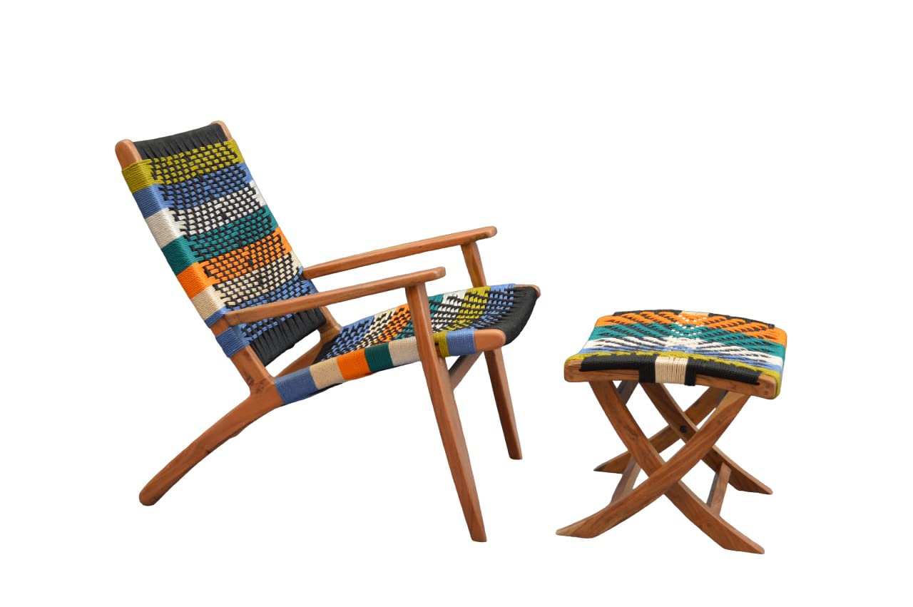 Orchid Homez Hand Woven Lounge Chair with Armrest Solid Wood Outdoor Chair with Stool (Natural, Pre-Assembled)