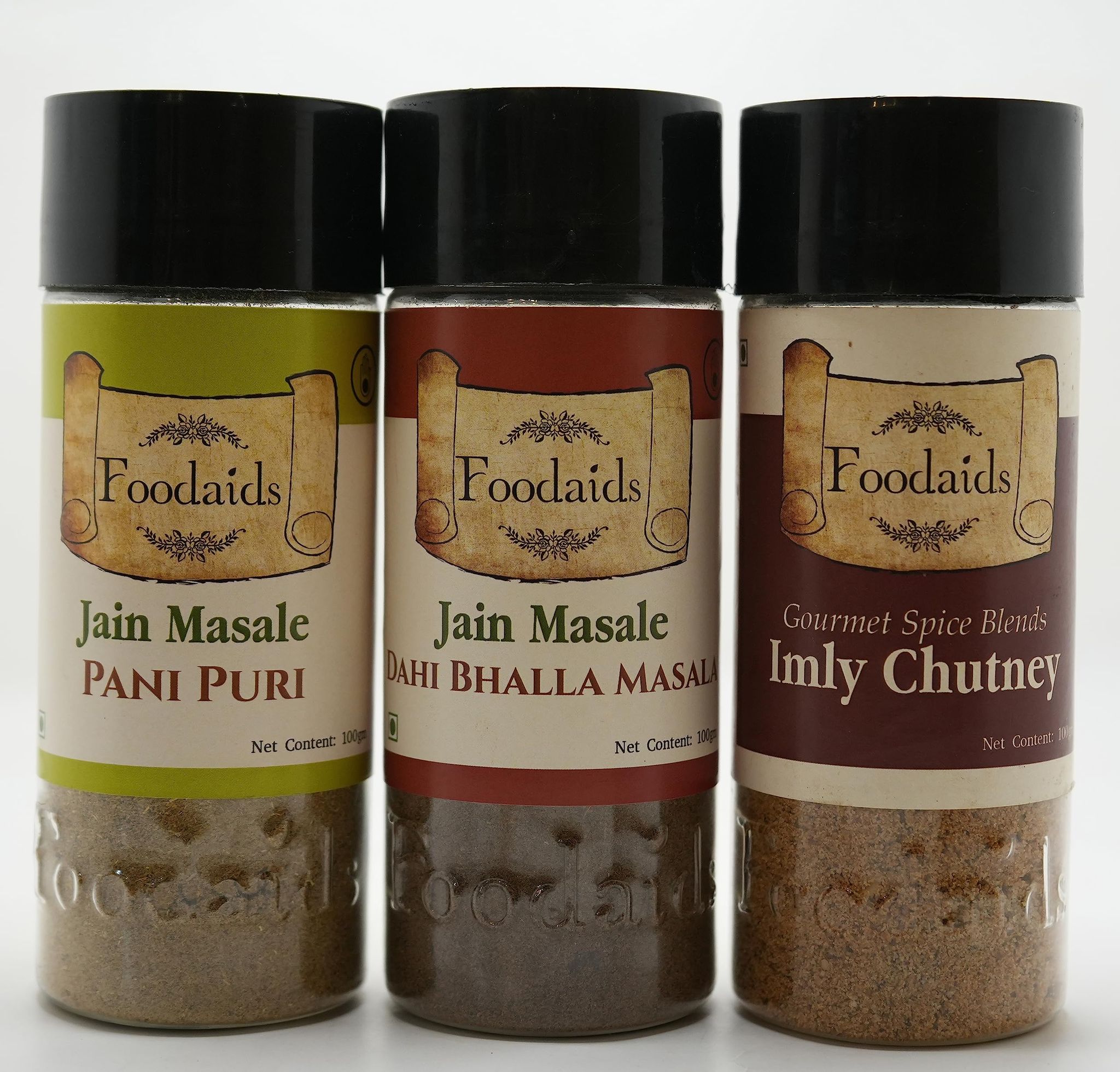 Foodaids Chaat Masala Combo - Pani Puri, Dahi Bhalla Masala, Imly Chutney Masala - Pack of 3 (100 Gm Each)