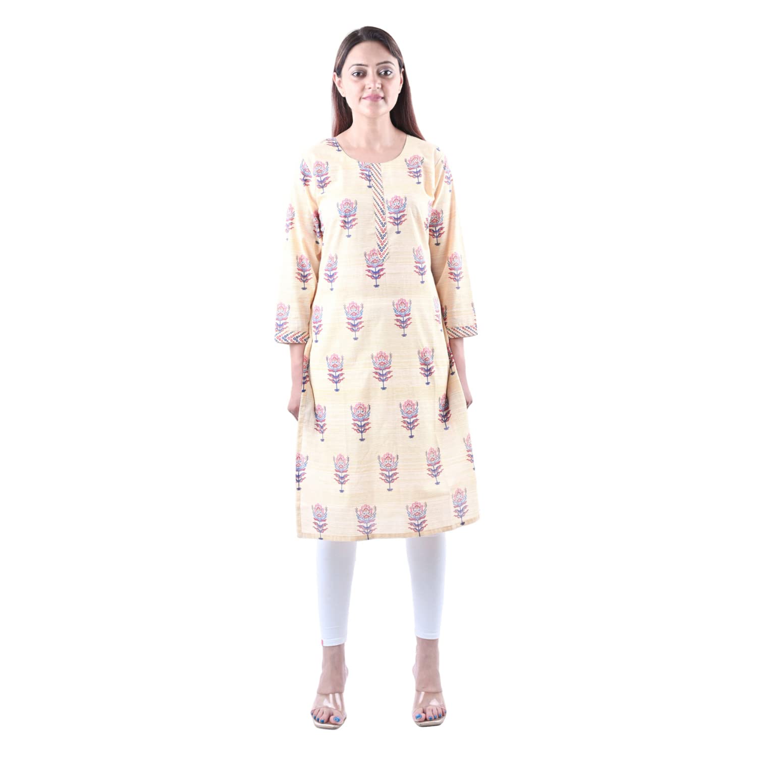 falah Handicrafts Society Women's Cotton Fabric Formal Block Printed A Line Kurti (FHS/KU/23/19-2XL) Cream