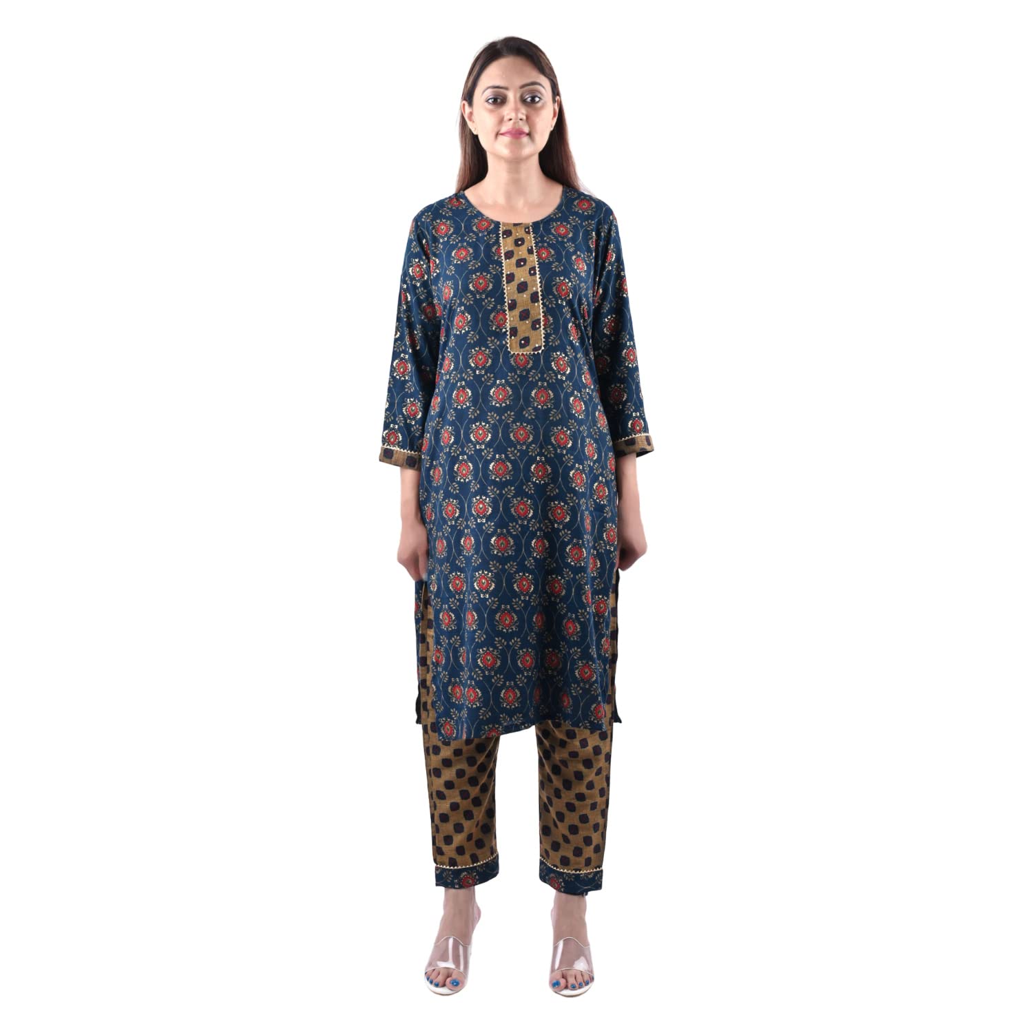 falah Handicrafts Society Women's Rayon Cotton Mix Fabric Block Printing and Zari Work Kurti Pant Set (FHS/KUPT/23/04-2XL) Dark Blue