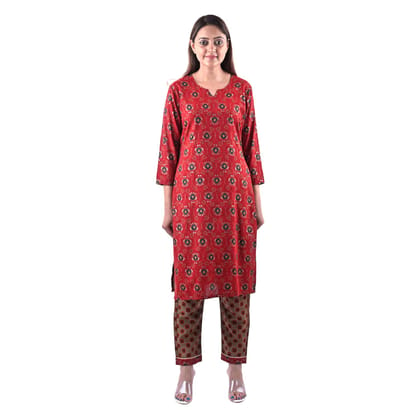 falah Handicrafts Society Women's Rayon Cotton Mix Fabric Block Printing and Zari Work Slint Kurti Pant Set (FHS/KUPT/23/05-2XL) Red