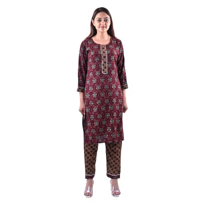 falah Handicrafts Society Women's Rayon Cotton Mix Fabric Block Printing and Zari Work Kurti Pant Set (FHS/KUPT/23/06-2XL) Maroon