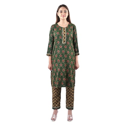 falah Handicrafts Society Women's Rayon Cotton Mix Fabric Block Printing and Zari Work Kurti Pant Set (FHS/KUPT/23/07-2XL) Green