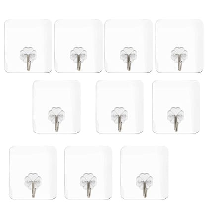 EVERSTRONG Waterproof Stick on Adhesive Stronger Plastic Wall Hooks Hangers for Hanging Robe, Coat, Towel, Keys, Bags, Lights, Calendars, Max Load 15 kg - Pack of 10, Transparent